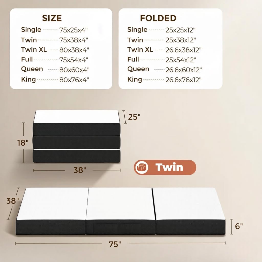 6 Inch Trifold Memory Foam Mattress, Twin O95462