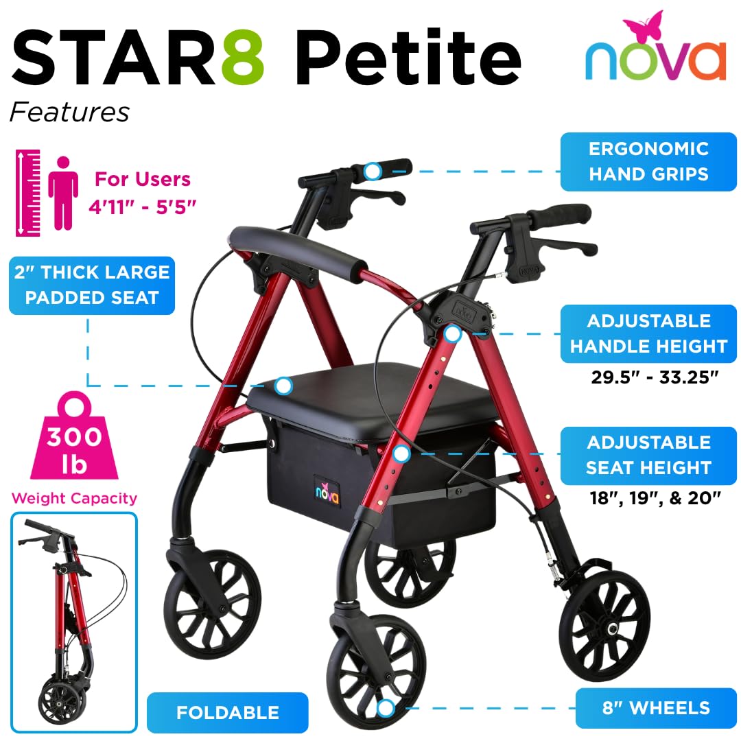 Red 8" Wheel Rollator Walker with Padded Seat C428