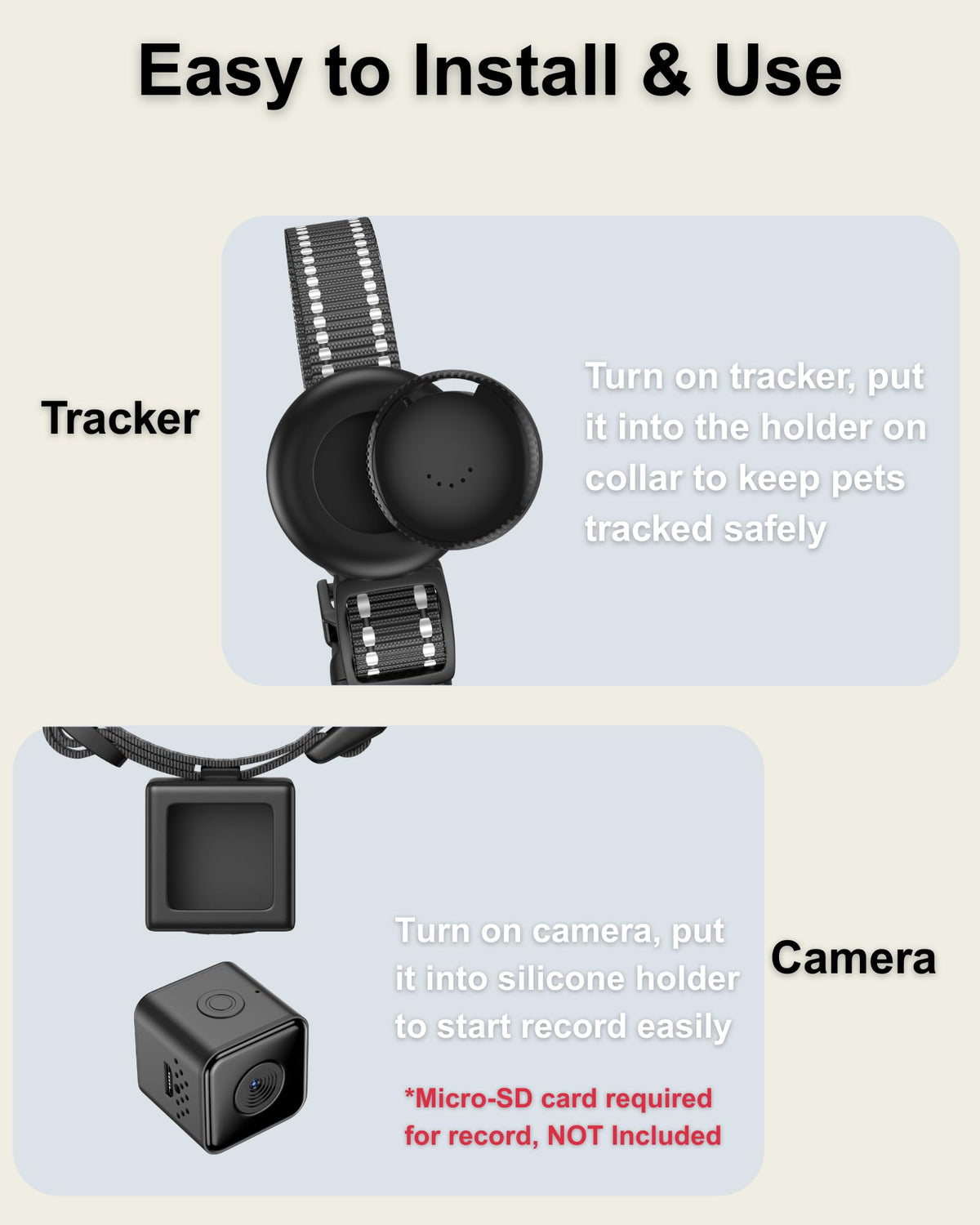 Cat Camera Collar with Tracker Tag, 1080P HD Pet POV Action Cam, Lightweight 0.7oz, Night Vision R802