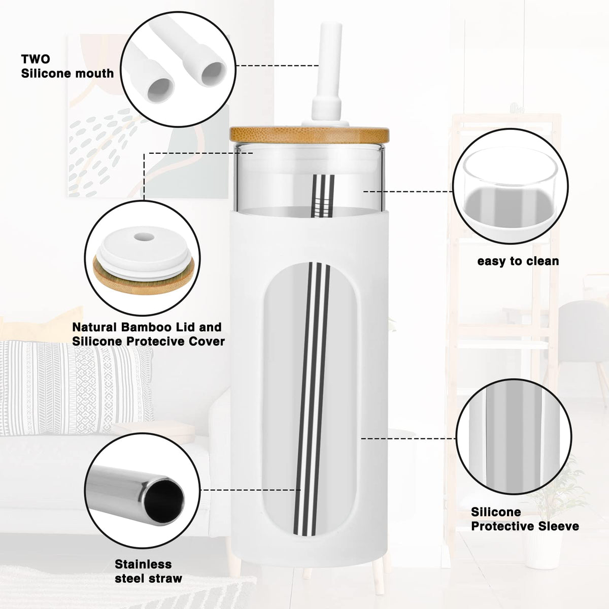 22 oz Glass Tumbler with Lid and Straw J35730