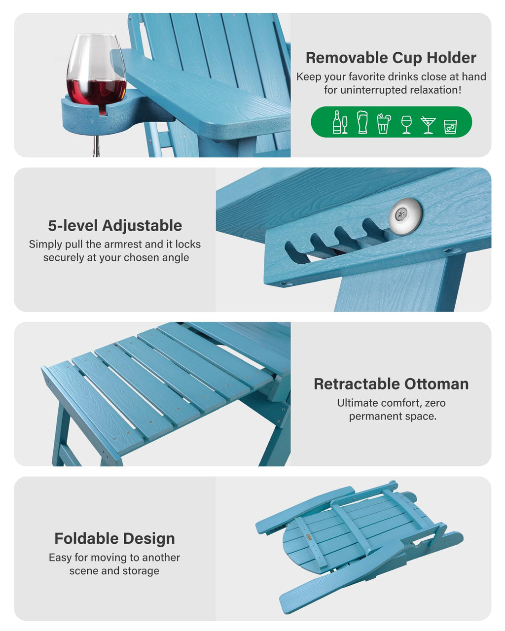 Blue Set of 2 Adirondack Chair with Footrest W561