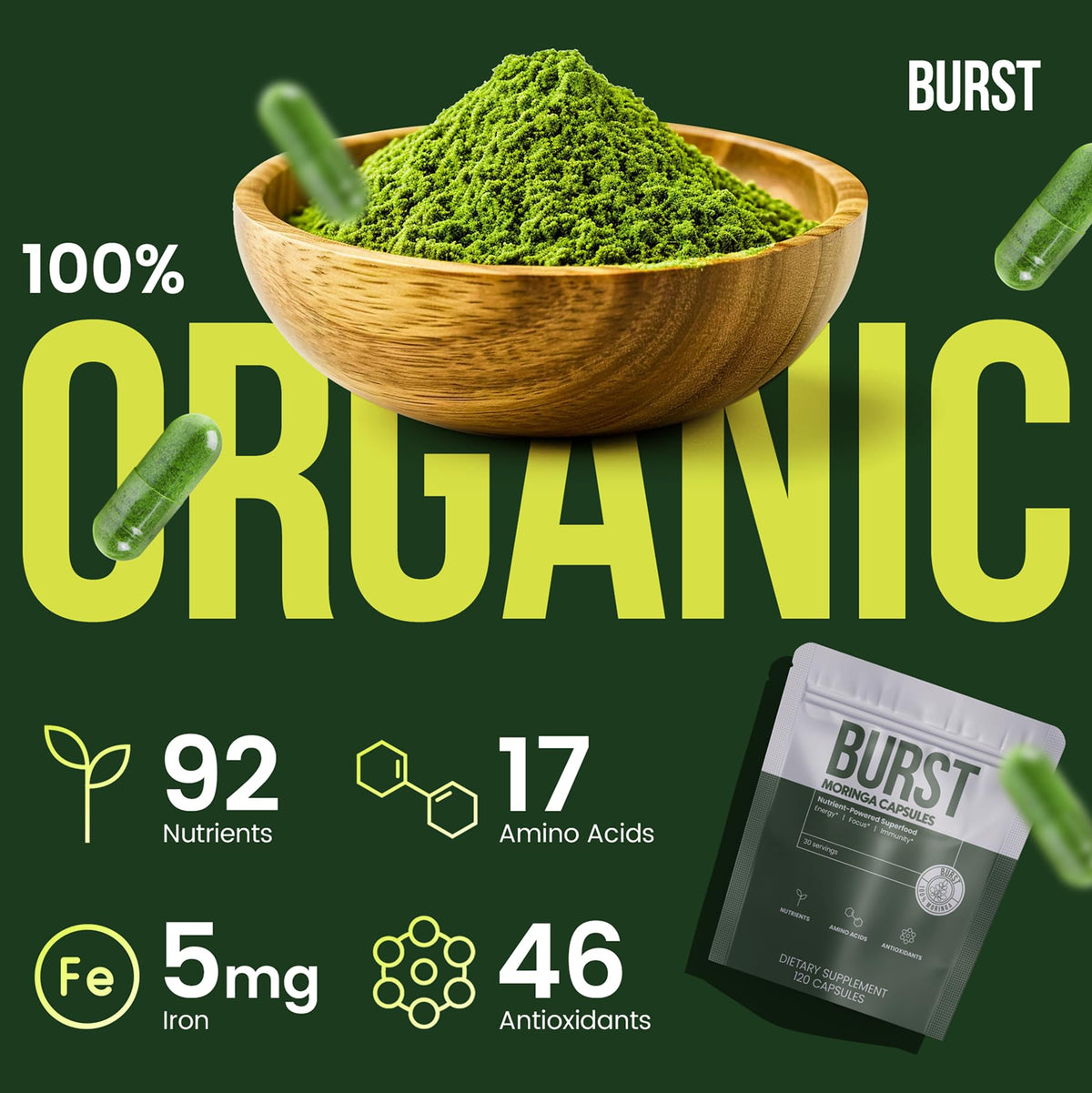 Organic Moringa Leaf Capsules 120 Ct U2950