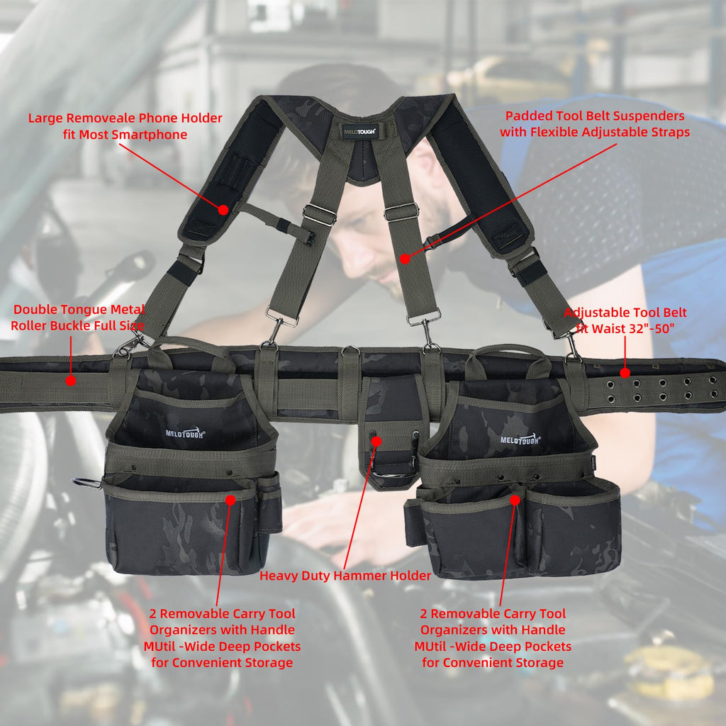 Camo Tool Belt with Suspenders Tool Pouch Organizer Heavy Duty J420