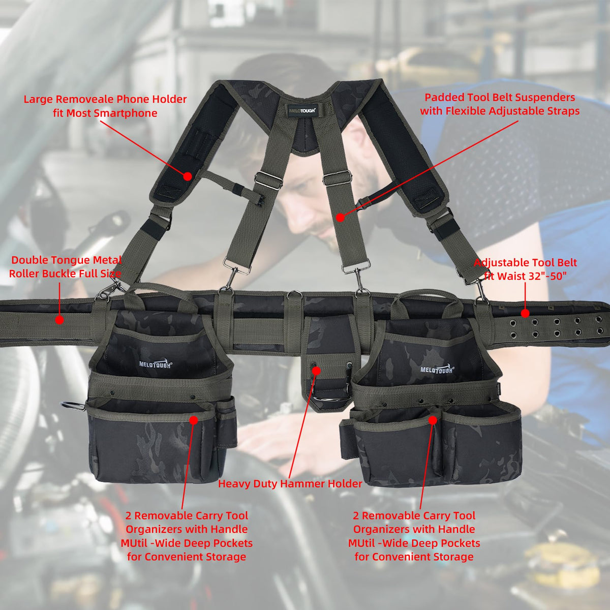 Camo Tool Belt with Suspenders Tool Pouch Organizer Heavy Duty J420