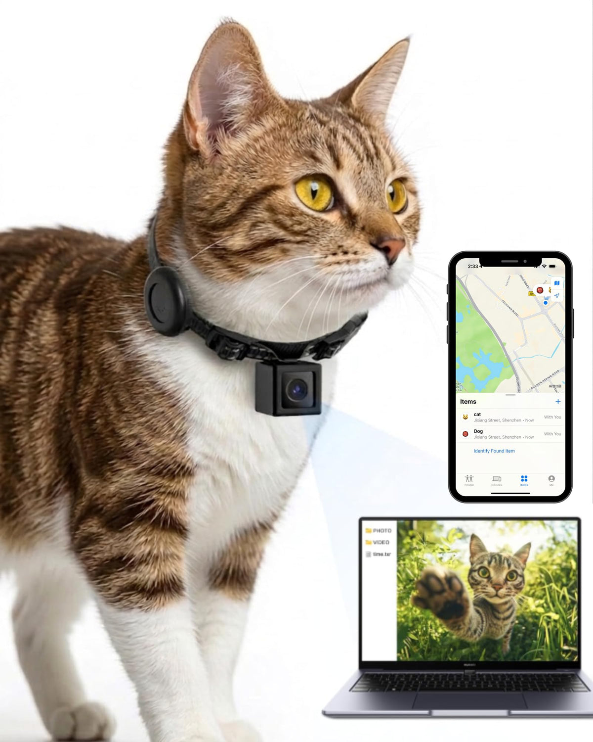 Cat Camera Collar with Tracker Tag, 1080P HD Pet POV Action Cam, Lightweight 0.7oz, Night Vision R802