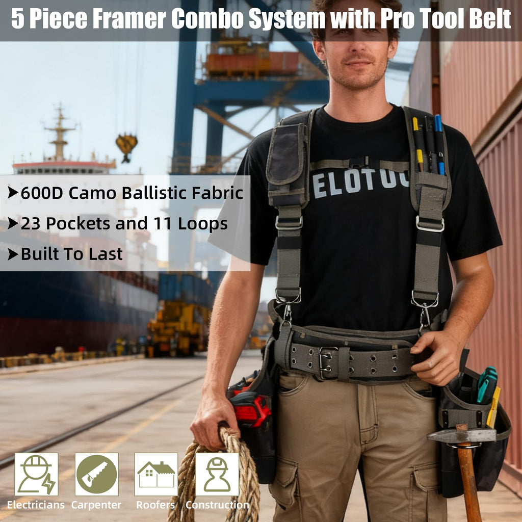 Camo Tool Belt with Suspenders Tool Pouch Organizer Heavy Duty J420