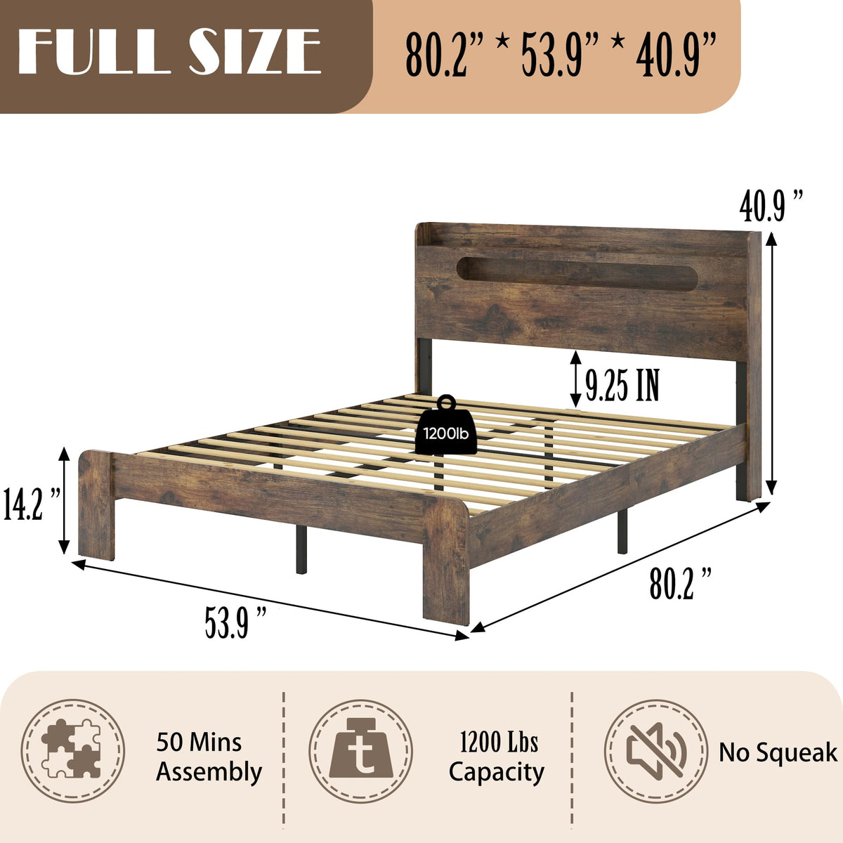 Wooden Full Bed Frame with Storage Headboard I772390