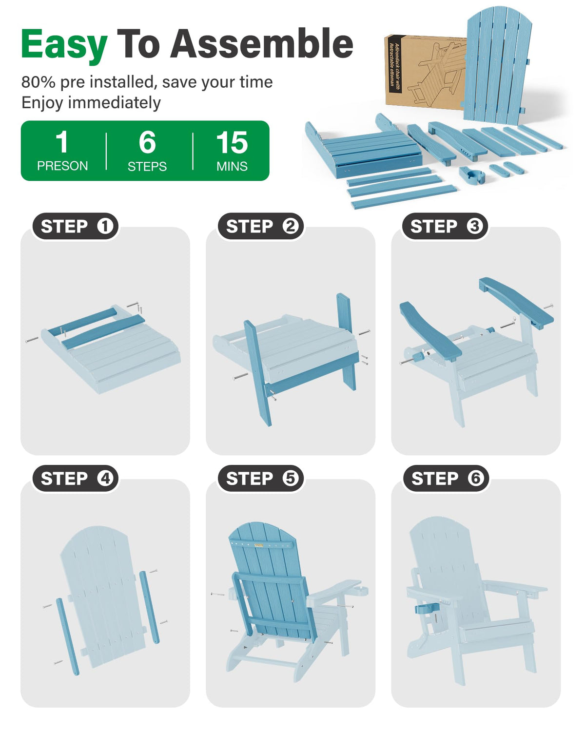 Blue Set of 2 Adirondack Chair with Footrest W561