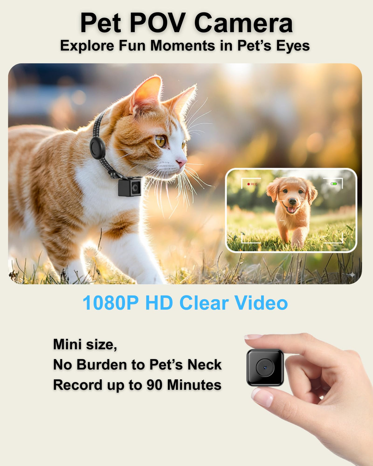 Cat Camera Collar with Tracker Tag, 1080P HD Pet POV Action Cam, Lightweight 0.7oz, Night Vision R802