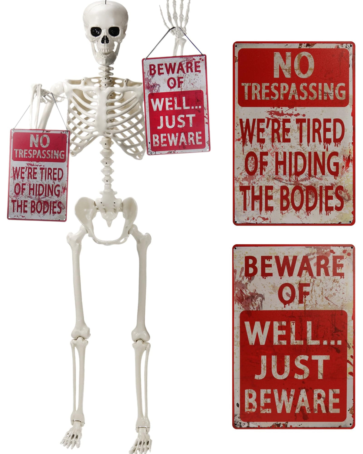5.4 ft Posable Skeleton with 2 Pack Metal Signs V165985