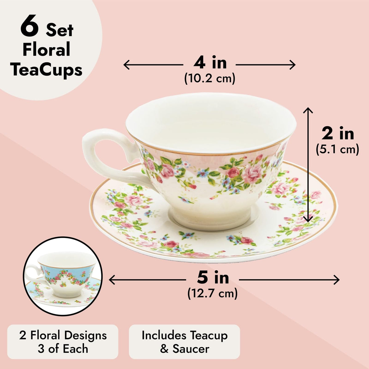 Floral Tea Cup & Saucer Set 8 Oz 12-Piece Multicolor Q415