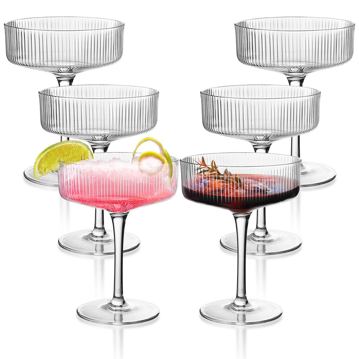 Ribbed Coupe Glasses Set of 6, 10 oz Crystal Cocktail Glassware S662741
