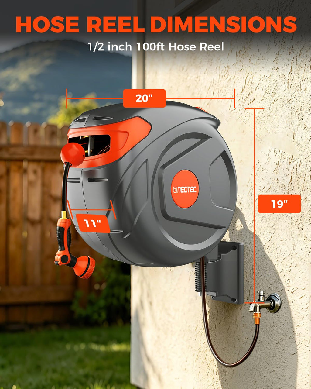 Retractable Garden Hose Reel 100 ft 1/2 Inch with 3-Layer PVC Hose D1458