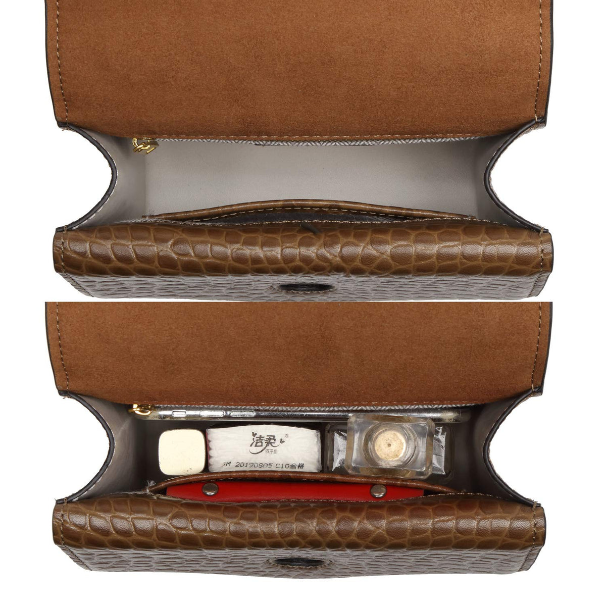 Croc Embossed Top Handle Leather Mini Crossbody Handbag V130654