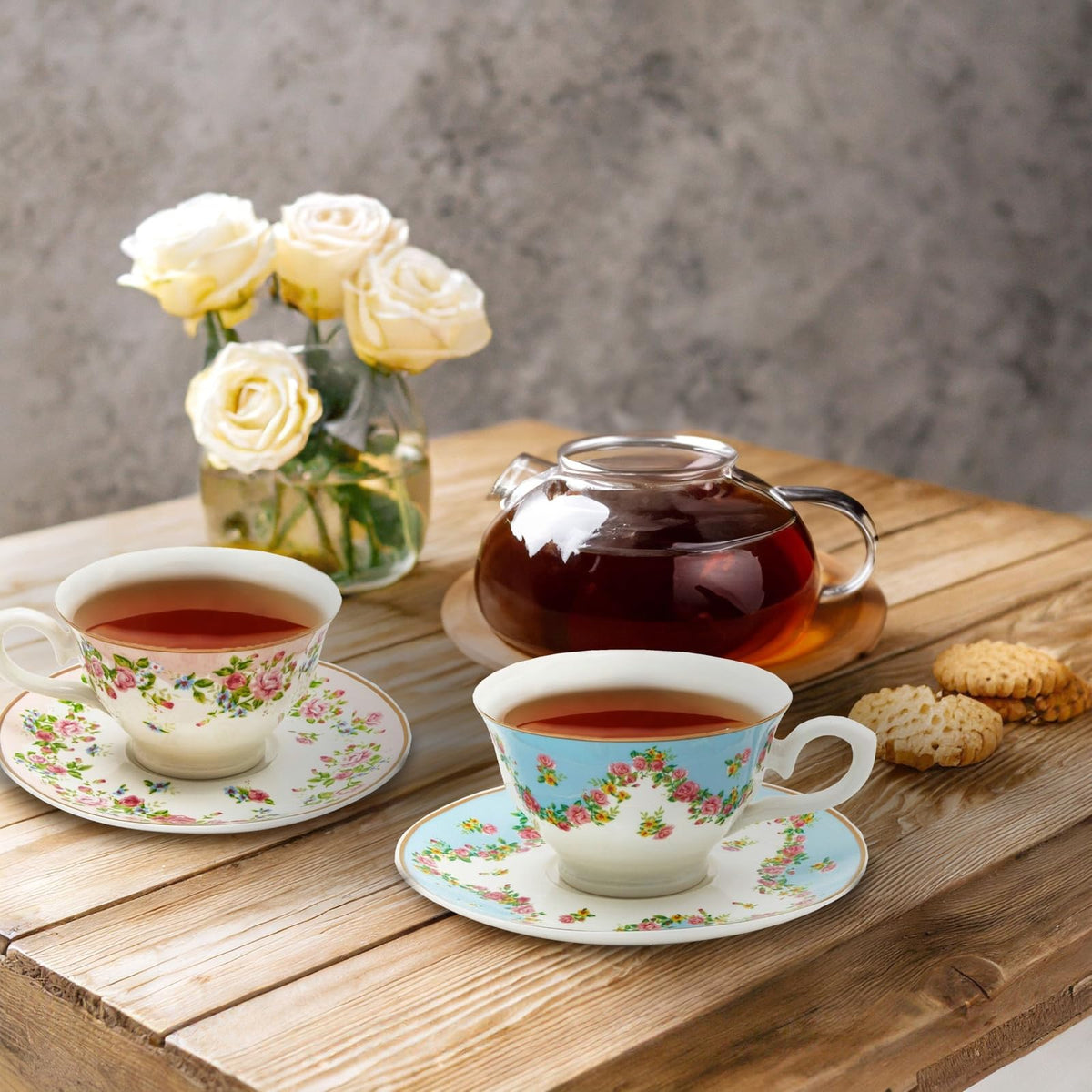 Floral Tea Cup & Saucer Set 8 Oz 12-Piece Multicolor Q415