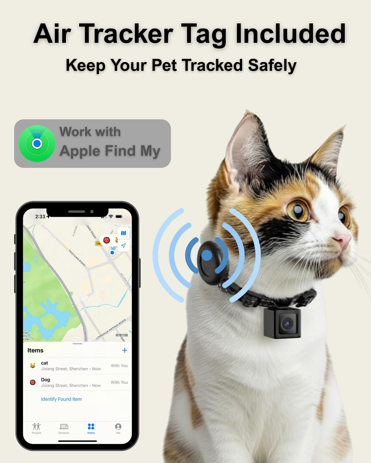 Cat Camera Collar with Tracker Tag, 1080P HD Pet POV Action Cam, Lightweight 0.7oz, Night Vision R802