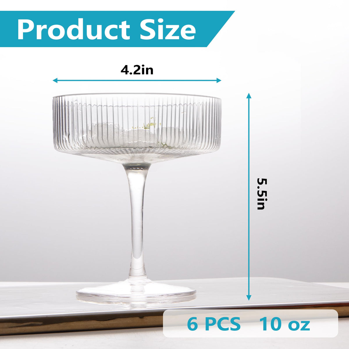 Ribbed Coupe Glasses Set of 6, 10 oz Crystal Cocktail Glassware S662741