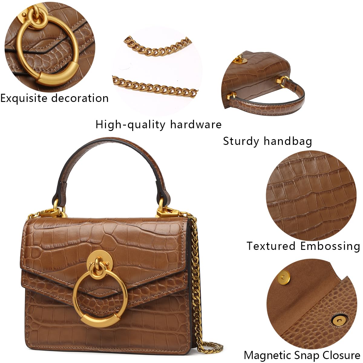 Croc Embossed Top Handle Leather Mini Crossbody Handbag V130654