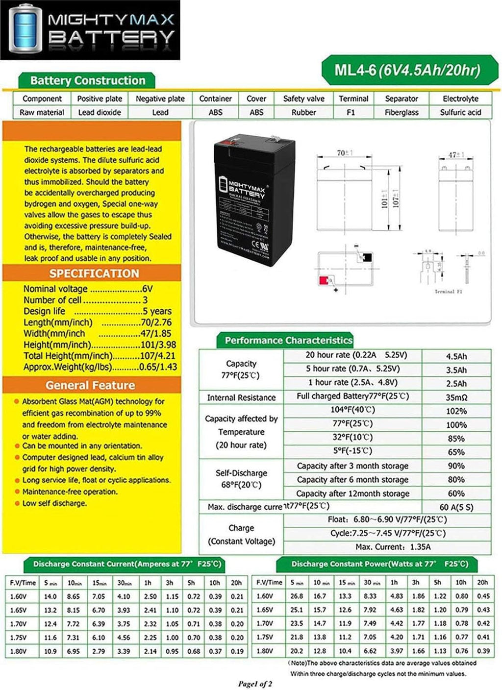 6V 4.5AH SLA Replacement Battery 2 Pack Q371
