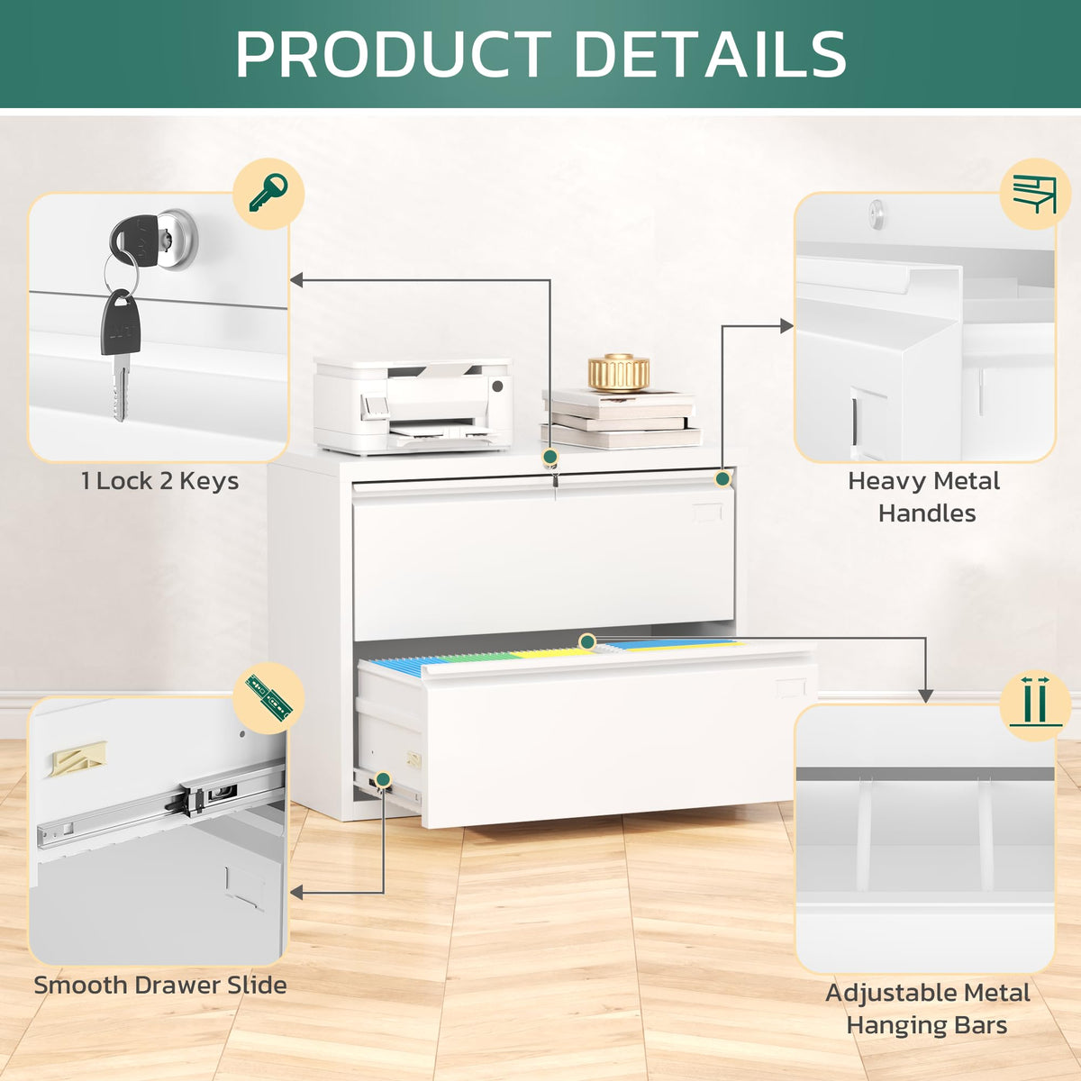 White 2 Drawer Metal File Cabinet with Lock Z920999