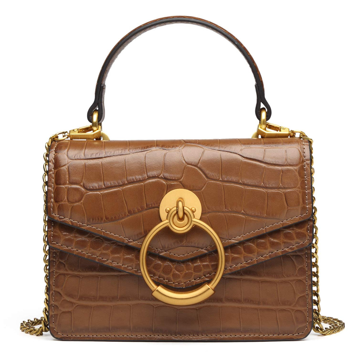 Croc Embossed Top Handle Leather Mini Crossbody Handbag V130654