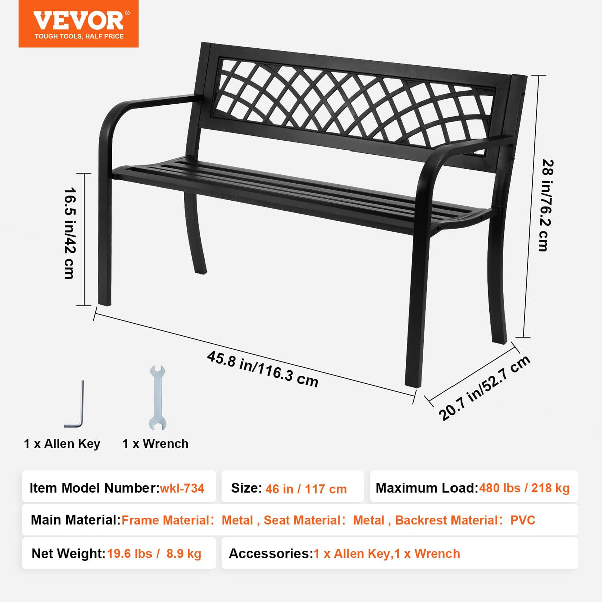 46" Iron Steel Frame Garden Bench with Mesh Pattern and Plastic Backrest T749