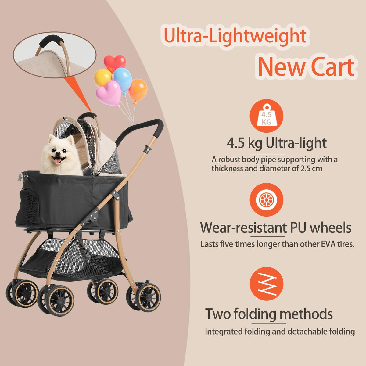 Pet Stroller with 4 Pu Wheels Foldable W809130