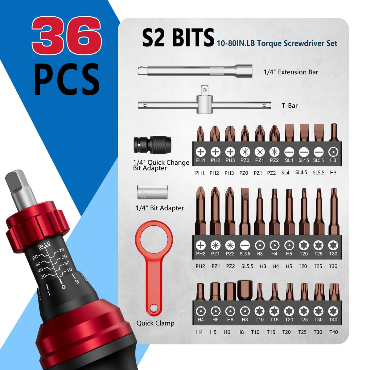 1/4" 10-80In.lb Torque Wrench Screwdriver 36 PCS Set Z5465