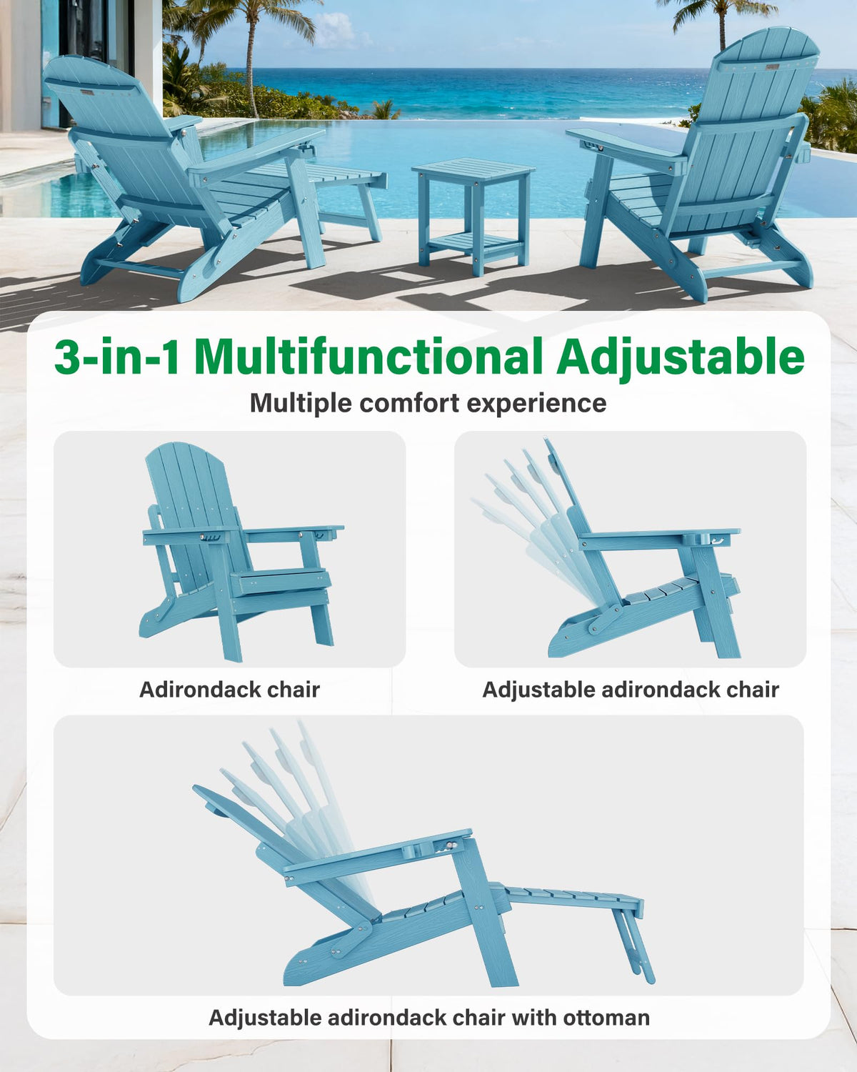 Blue Set of 2 Adirondack Chair with Footrest W561