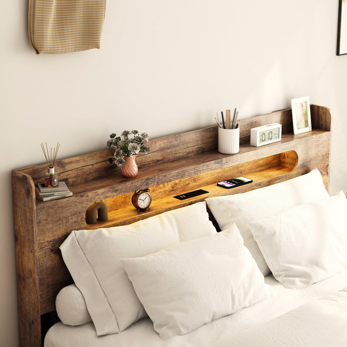 Wooden Full Bed Frame with Storage Headboard I772390