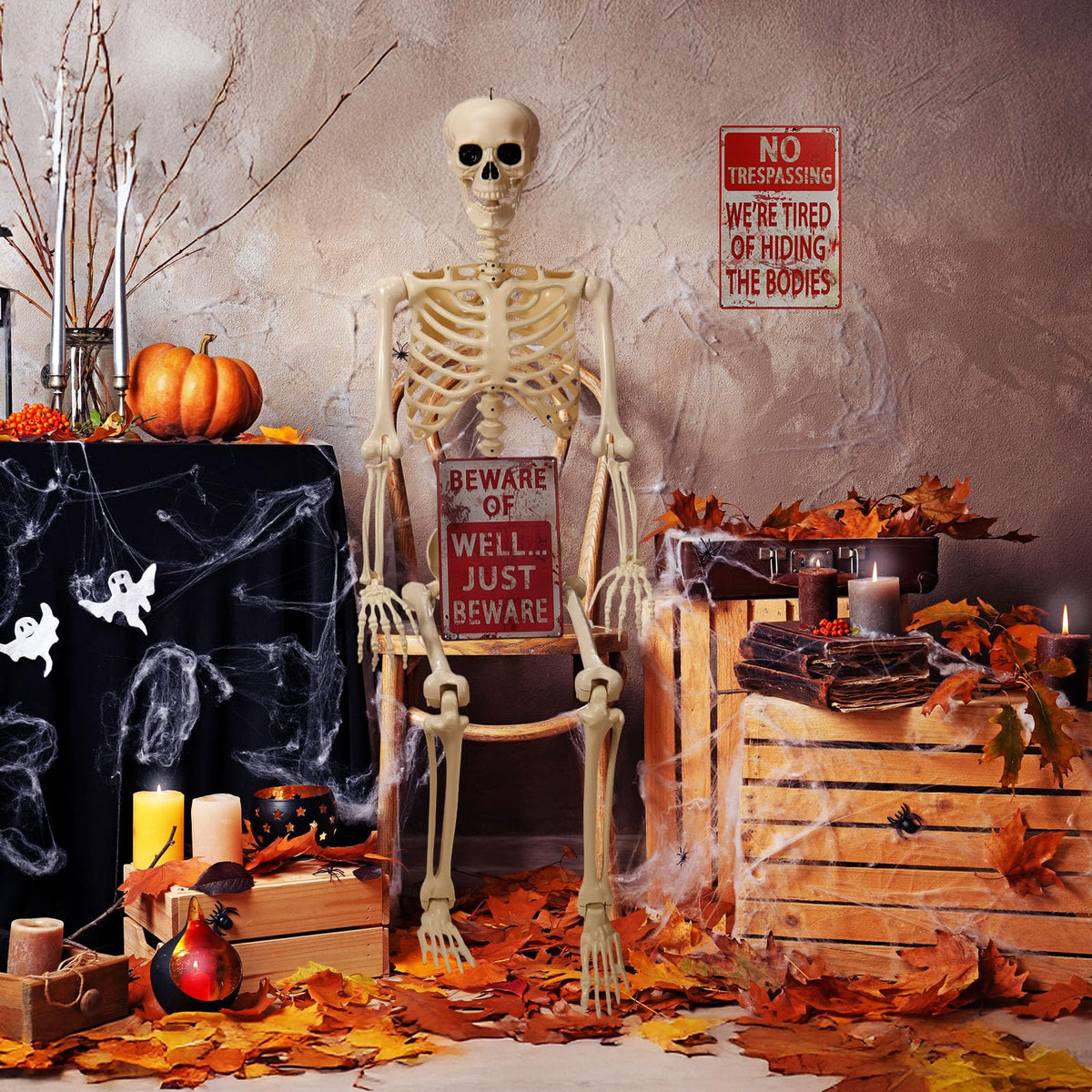 5.4 ft Posable Skeleton with 2 Pack Metal Signs V165985