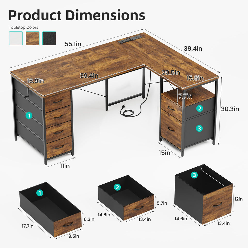55 Inch L Shaped Office Desk with 6 Drawers X28071