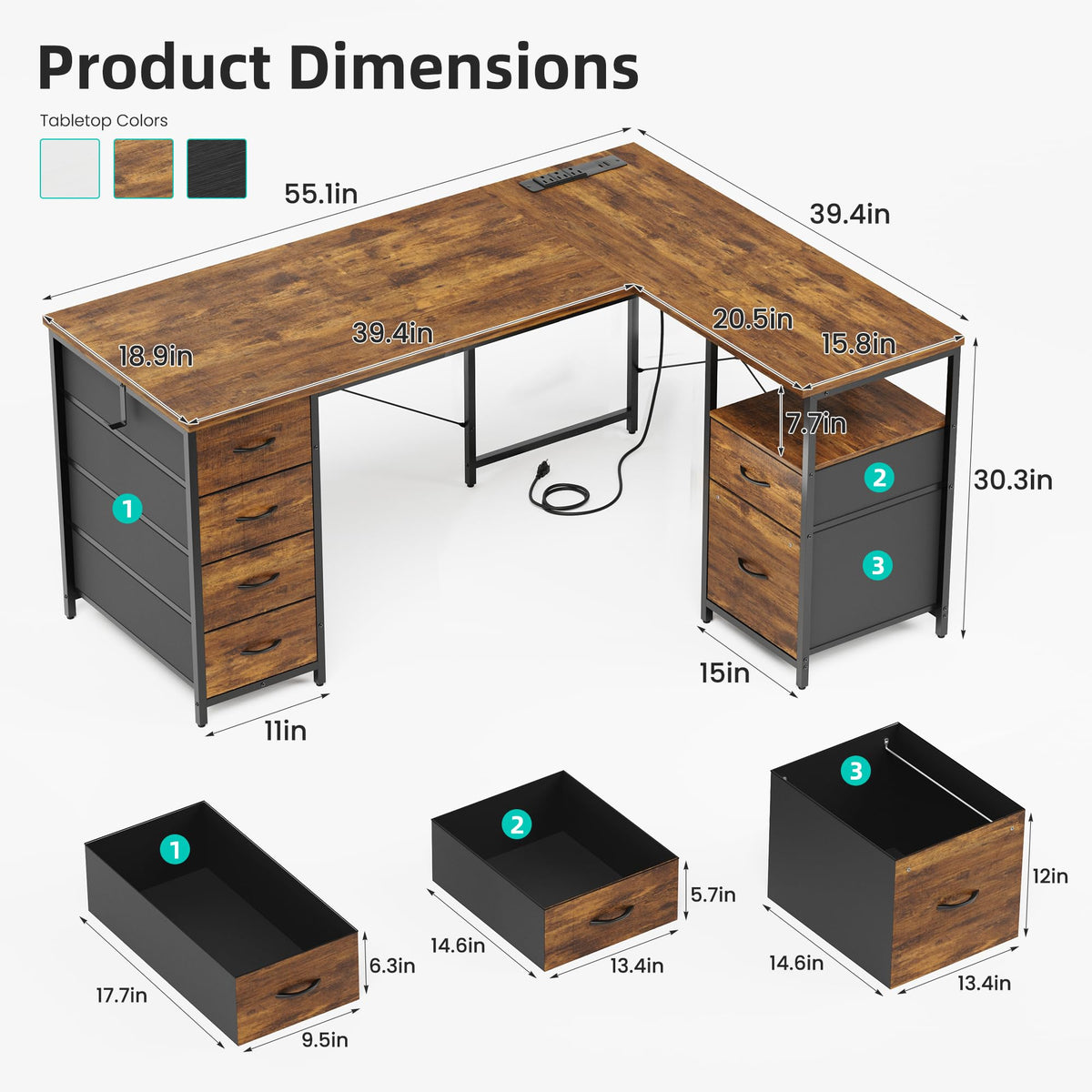 55 Inch L Shaped Office Desk with 6 Drawers X28071