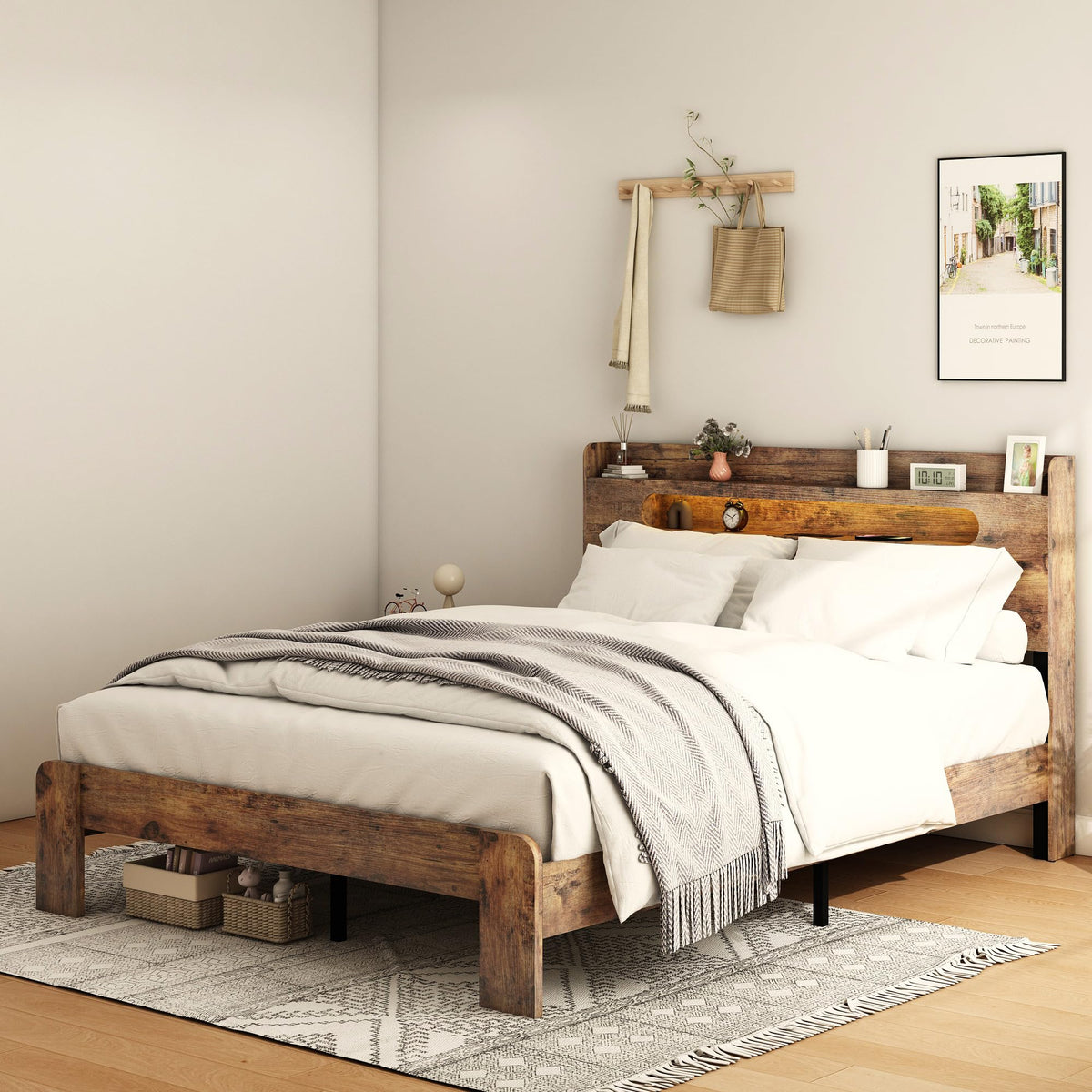 Wooden Full Bed Frame with Storage Headboard I772390