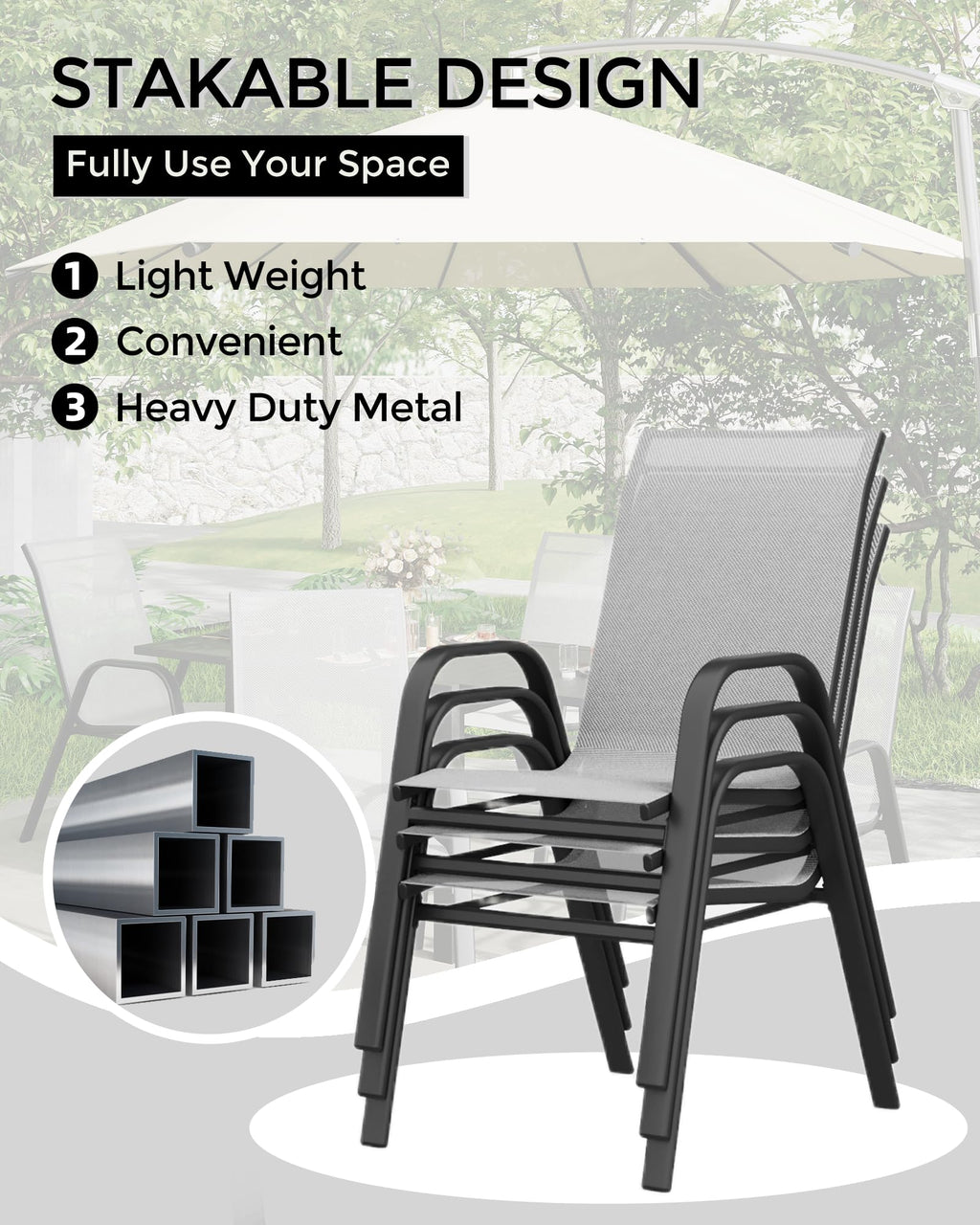 Stackable Outdoor Dining Chairs Set of 4 Textilene Fabric Metal Frame Grey B90244
