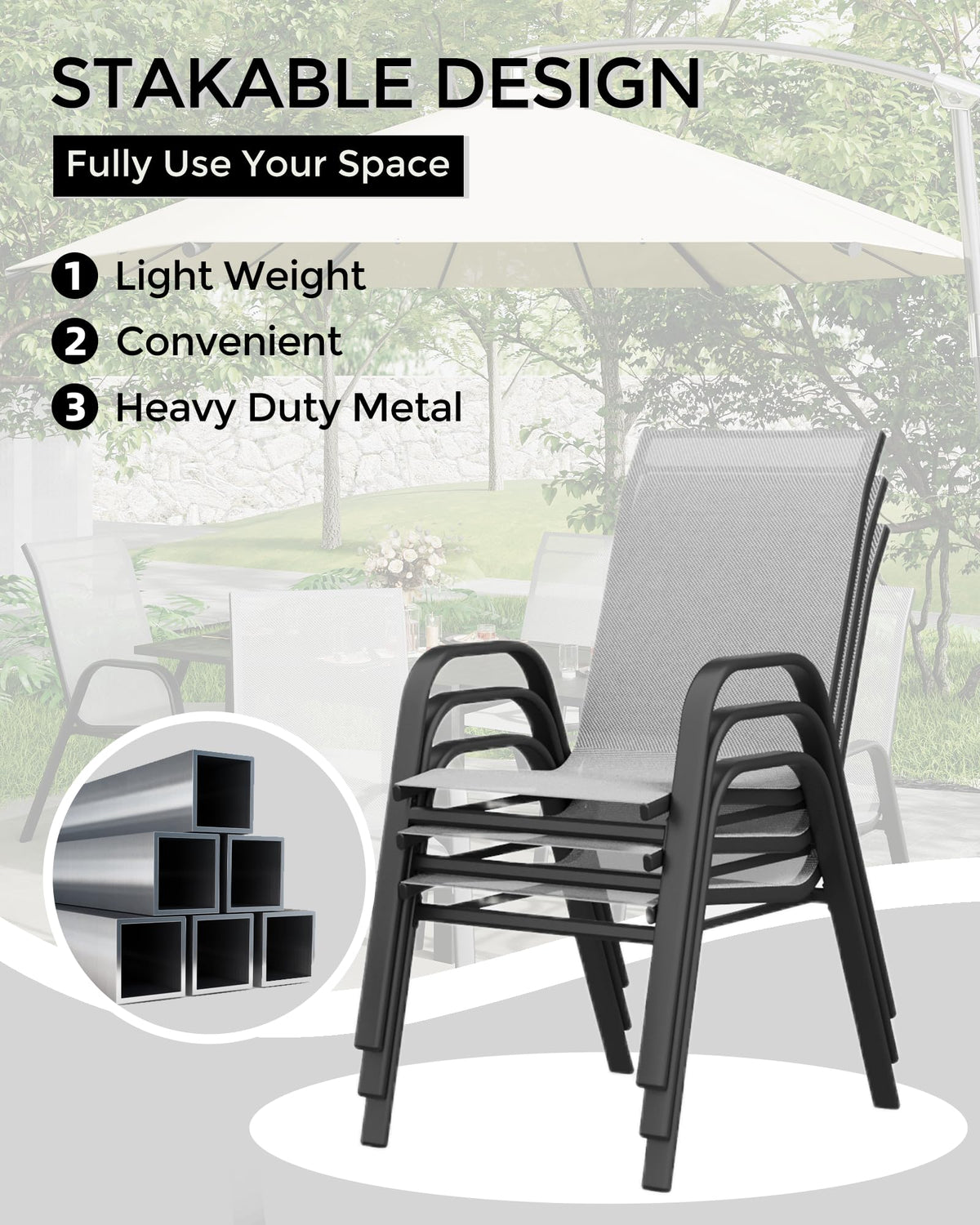 Stackable Outdoor Dining Chairs Set of 4 Textilene Fabric Metal Frame Grey B90244