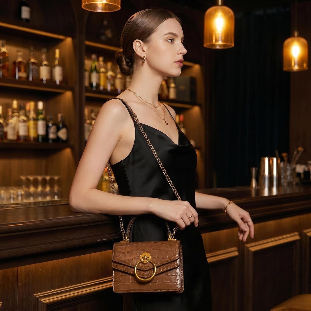 Croc Embossed Top Handle Leather Mini Crossbody Handbag V130654