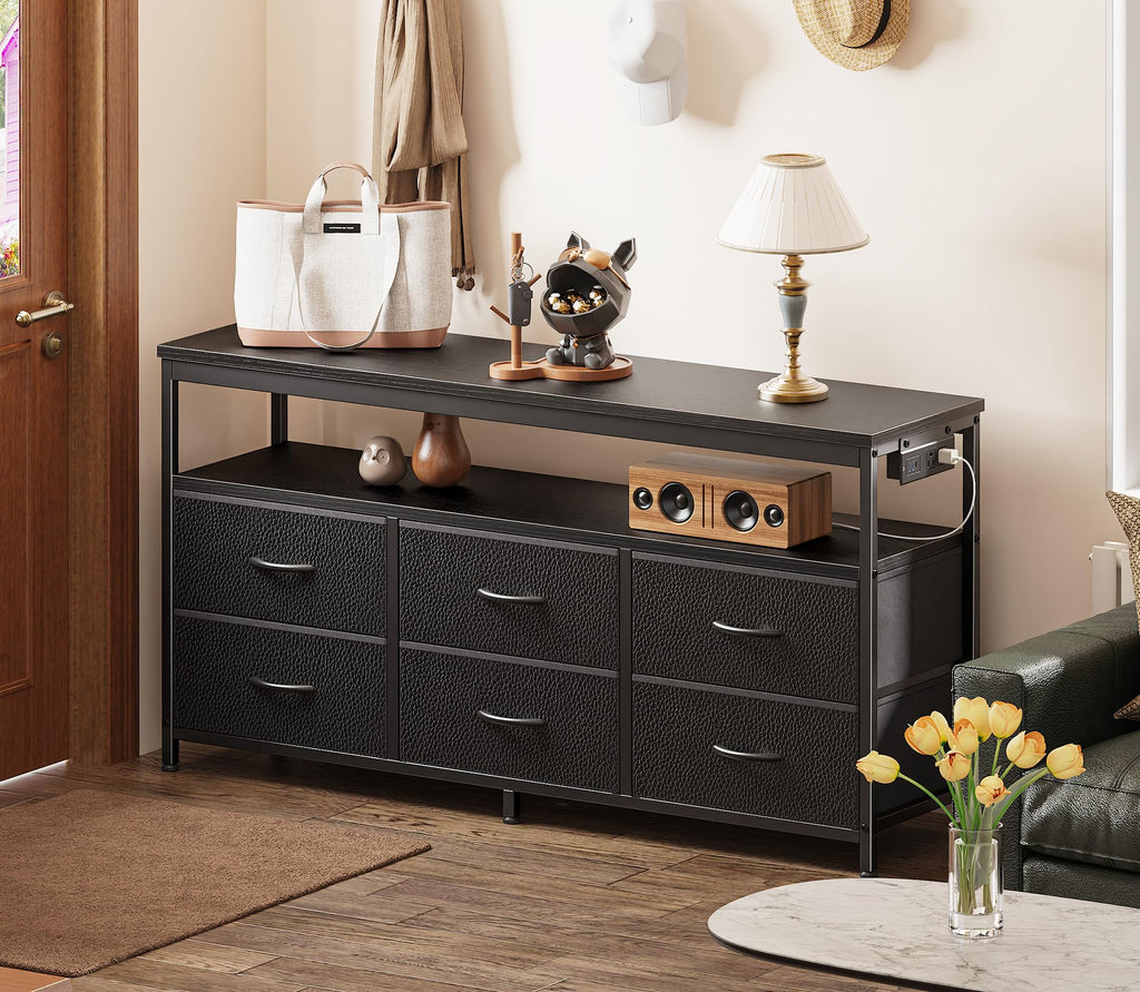 Black 47 Inch 6 Drawer TV Stand with Power Outlets M16660