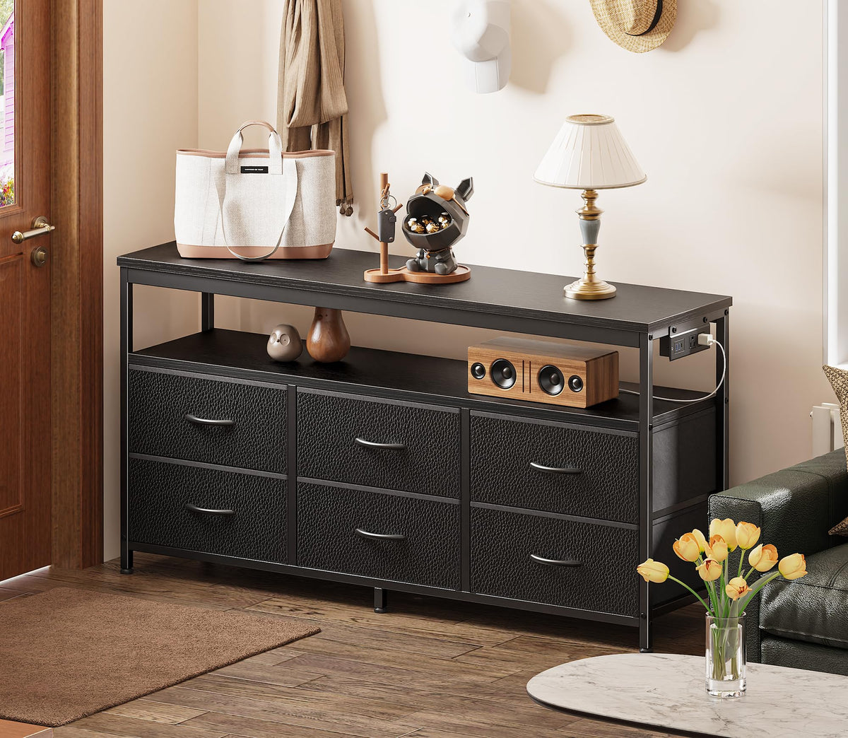 Black 47 Inch 6 Drawer TV Stand with Power Outlets M16660