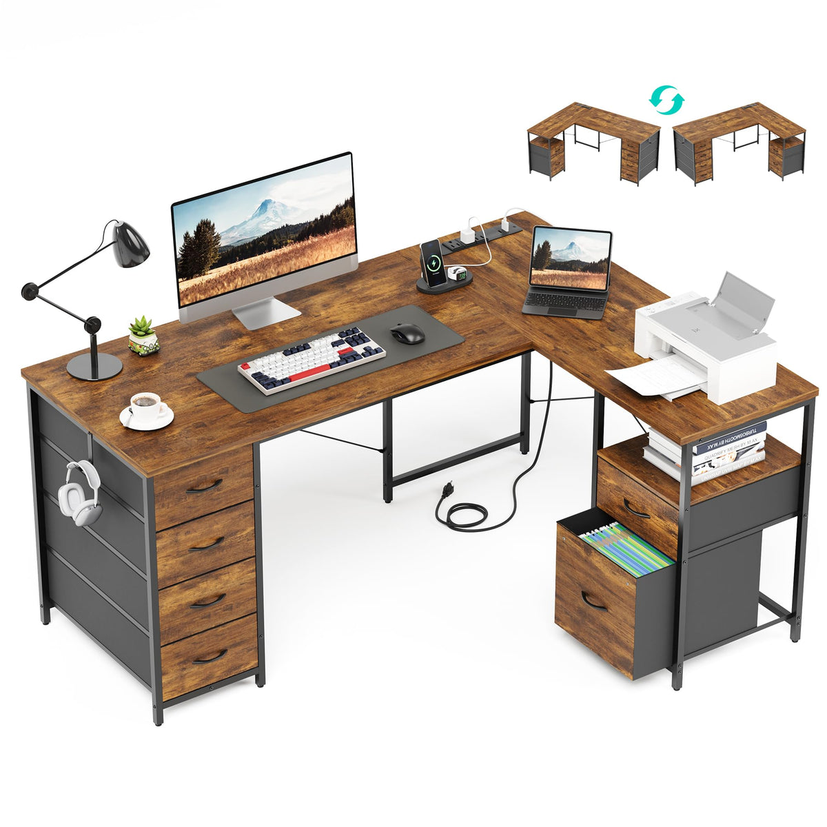 55 Inch L Shaped Office Desk with 6 Drawers X28071