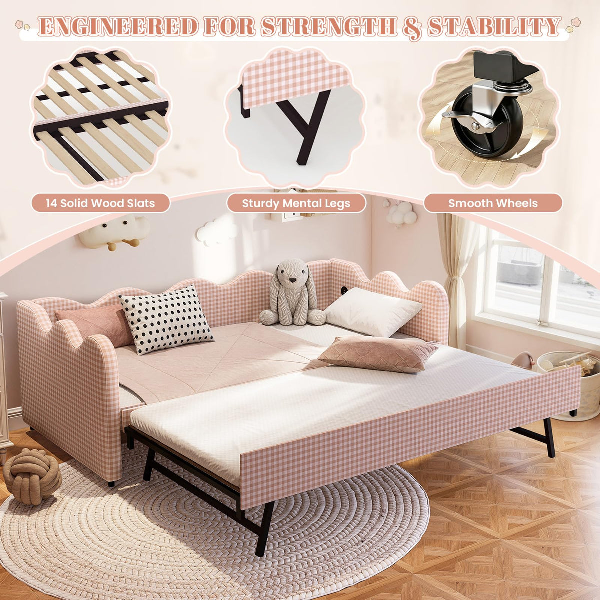 Pink Gingham Twin Size Daybed with Trundle X27010