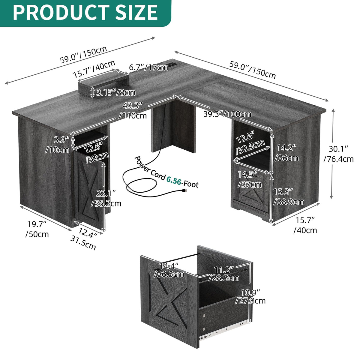 L Shaped Desk with Power Outlets P2590