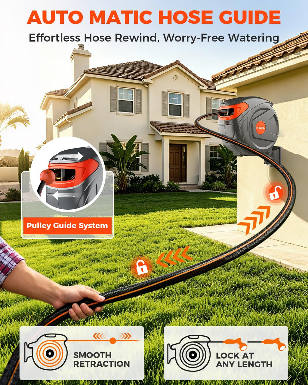 Retractable Garden Hose Reel 100 ft 1/2 Inch with 3-Layer PVC Hose D1458