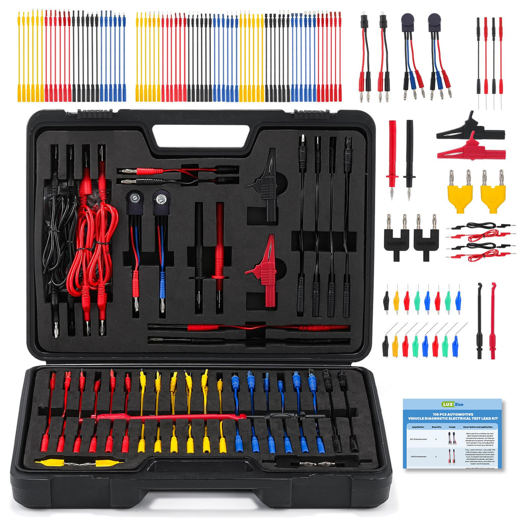 110 Pc Automotive Multimeter Test Leads Kit with Alligator Clips, Banana Plugs & Probes O10161