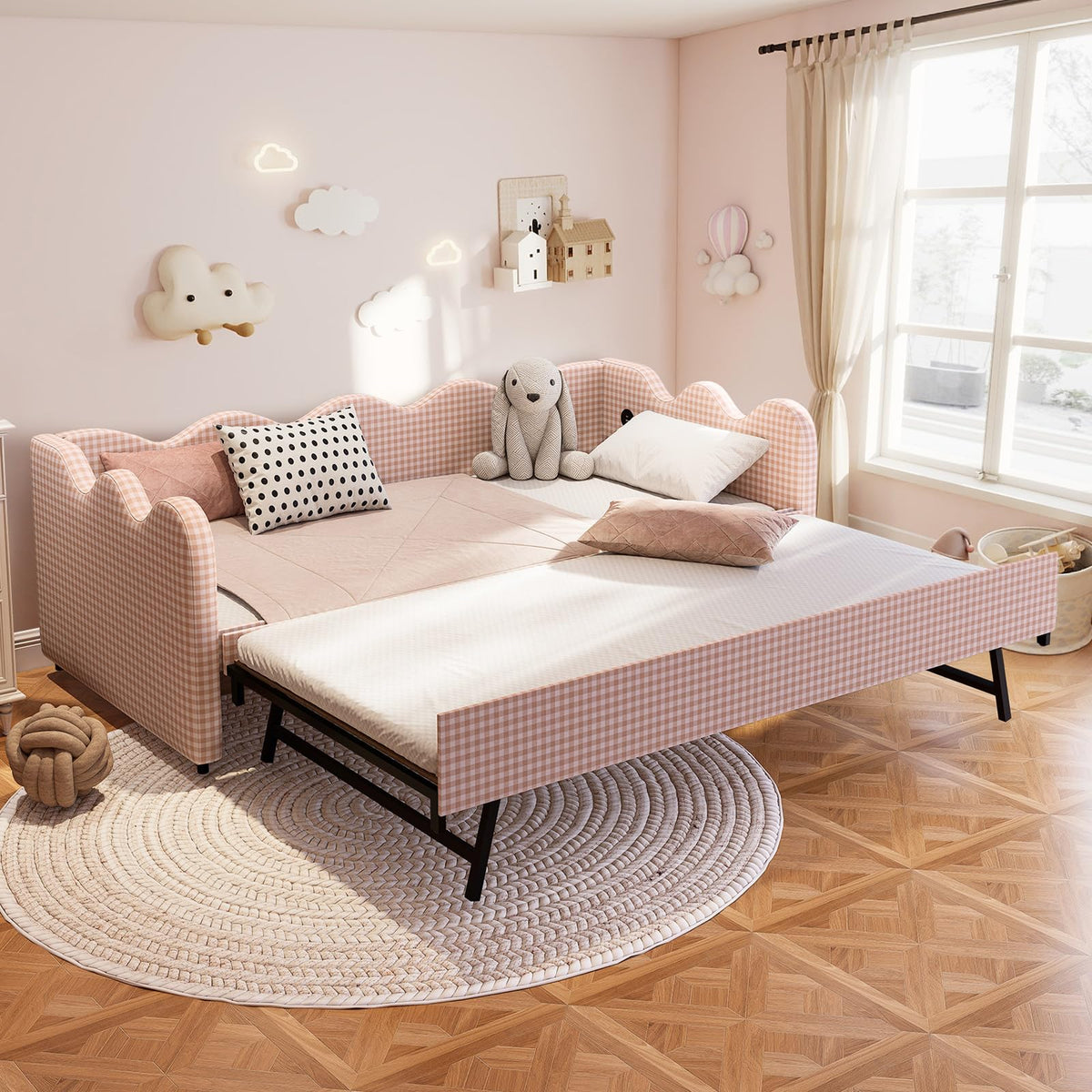 Pink Gingham Twin Size Daybed with Trundle X27010