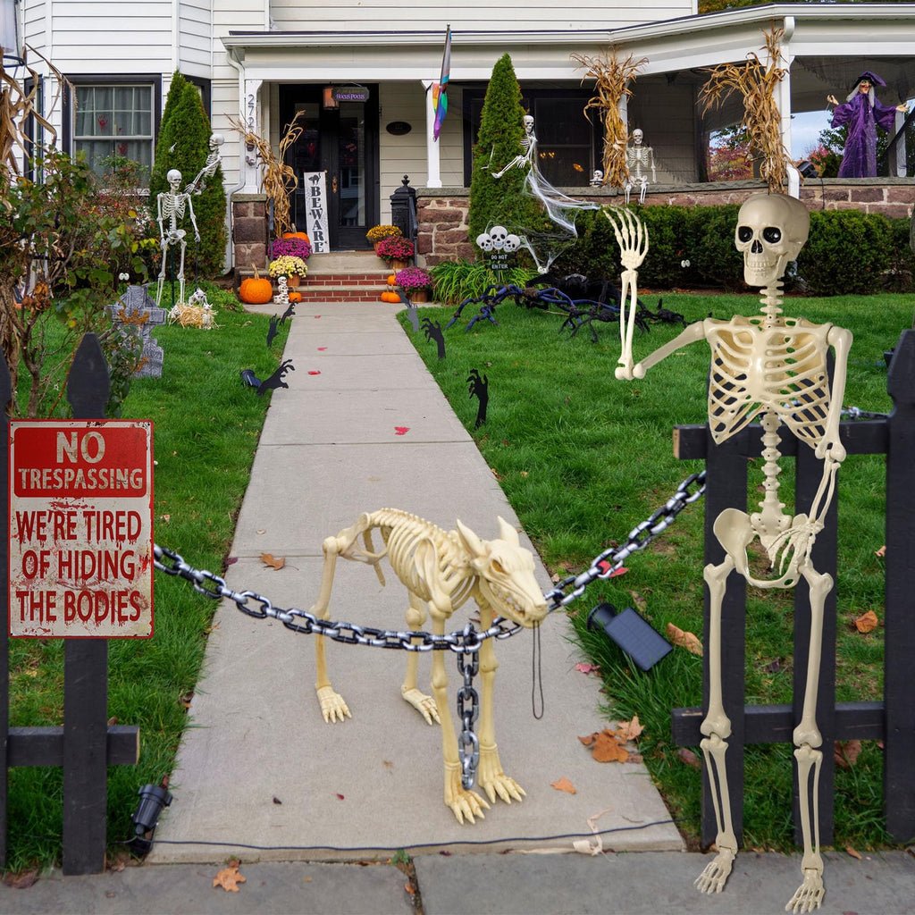 5.4 ft Posable Skeleton with 2 Pack Metal Signs V165985