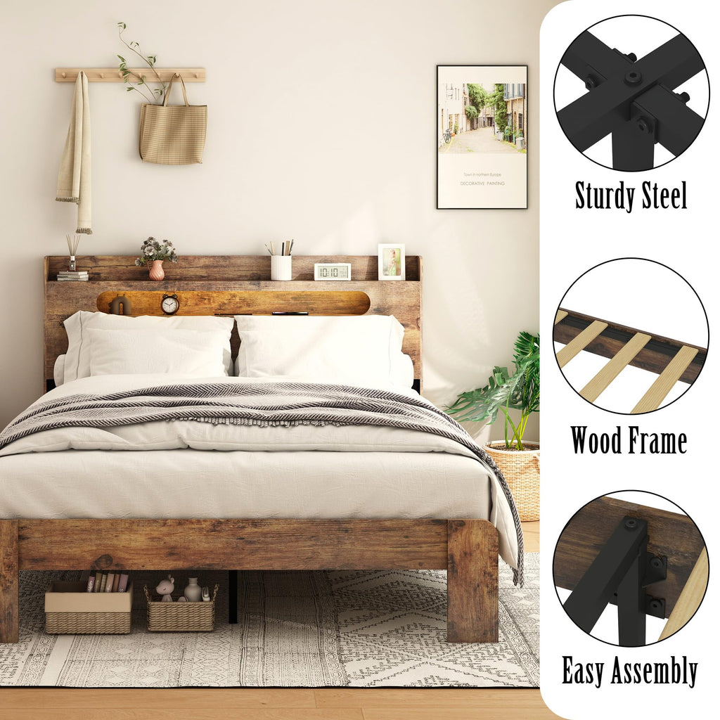 Wooden Full Bed Frame with Storage Headboard I772390