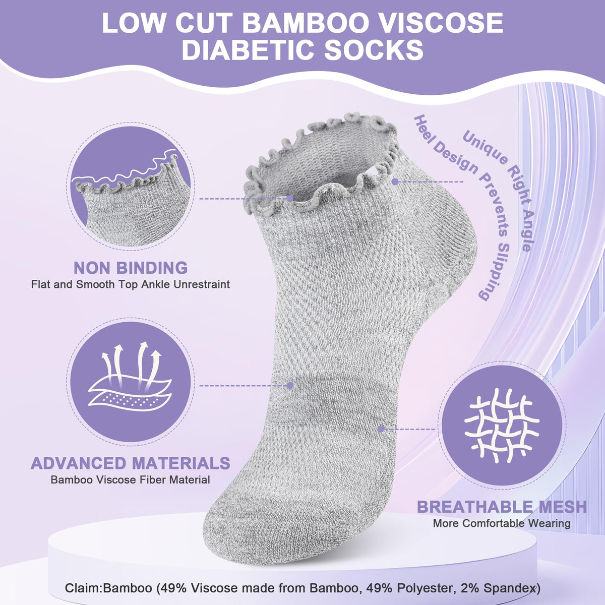 6 Pairs Low Cut Non Binding Diabetic Ankle Socks U891