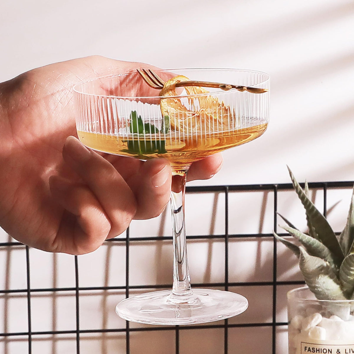 Ribbed Coupe Glasses Set of 6, 10 oz Crystal Cocktail Glassware S662741