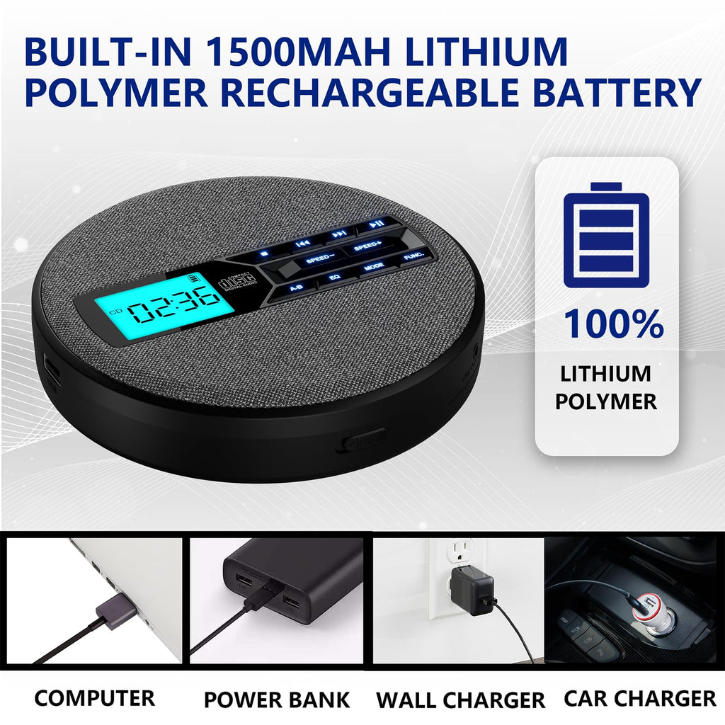 Portable Rechargeable CD Player with Dual Speakers, Black L6731